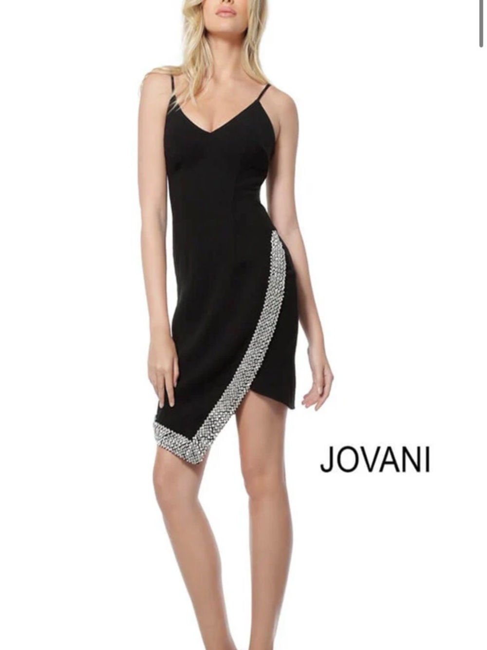 Jovani Black Spaghetti-Strap Slip Dress with Crystal-Trim Asymmetric Hem